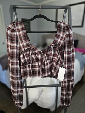 Plaid Long-Sleeve Crop Top - Red Plaid